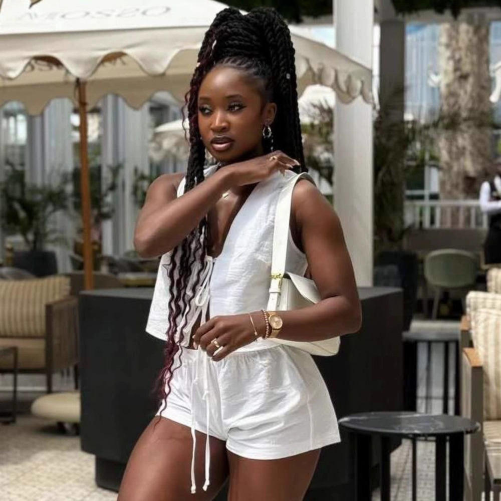 ZARA Fashion Sleeveless Bow Tie Neck Solid Top Women African Casual Shorts Set